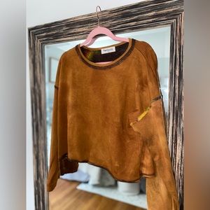 Impressions tan cropped sweatshirt, tye dye detail inside